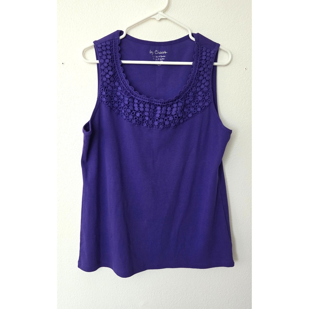 Chico's Tank Top Women Size 3 Purple Crochet Lace Neck Ribbed Stretch